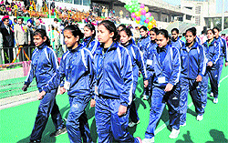 Chandigarh players take part in the march past at the opening ceremony of the 58th National School Games at the Sports Complex, Sector 42, in Chandigarh on Thursday