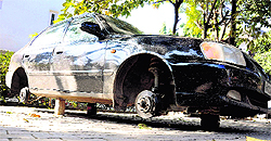 A car rests on bricks after thieves stole all of its four tyres in Sector 16, Chandigarh, on Thursday