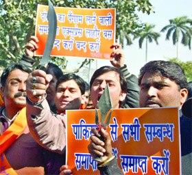Activists of the Bajrang Dal shout anti-Pakistan slogans during a protest against the killing of two Indian Army soldiers in cross-border violence, in New Delhi on Thursday.