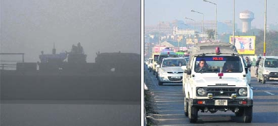 A fog lift for the city: Vehicles on Balol bridge during a foggy morning on the outskirts of Jammu; and (right) vehicles on a flyover in the afternoon in Jammu on Thursday