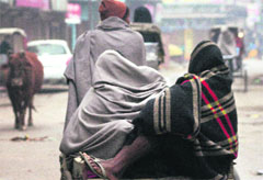 People cover themselves with warm clothes to beat the cold wave on a street in Varanasi on Thursday.  PTI 