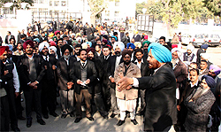 Ranjit Jalal, president of the Bathinda Bar Association, addresses a gathering of lawyers in Bathinda on Friday