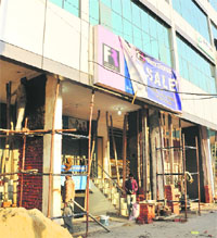 Showrooms at Shahi Majra village which have been declared unsafe by the Mohali Municipal Corporation.