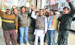 Members of the Samajik Sena protest against the hike in the rail fare at Chandracharya Chowk, Ranipur, in Haridwar on Friday. Tribune photo:Rameshwar Gaur