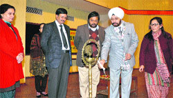 Dr Jasbir Singh, In charge of National Service Scheme, lighting the lamp to inaugurate the inter-college and inter-departmentalProf BD Sharma Memorial debate competition at University of Jammu on Friday. Tribune photo: Anand Sharma 