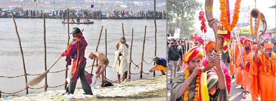 A ghat at Sangam being cleaned; and (right) sadhus take out a procession ahead of Mahakumbh in Allahabad on Friday.