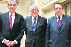 (From L) US Undersecretary of State William Burns, UN-Arab League peace envoy Lakhdar Brahimi and Russian Deputy Foreign Minister Mikhail Bogdanov in Geneva to discuss ways of ending the Syrian conflict. 