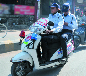 Members of the Women Armed Special Protection Squad (WASPS) take a round of Gol Diggi in Bathinda on Saturday. The WASPS focus is on ensuring safety of the women in the city and to reduce the number of incidents of eve-teasing. 