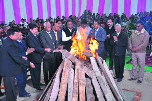 Students and staff members of the Gurukul College in celebration mode.