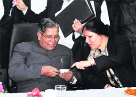 Union Minister for Minority Affairs K Rahman Khan shares a point with Haryana Education Minister Geeta Bhukkal at Mewat on Saturday