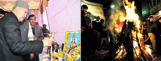 Chief Minister Virbhadra Singh inaugurates the Lohri festival at Pragpur on Saturday; (right) People gather around a bonfire during Lohri celebrations in Shimla on Saturday. 