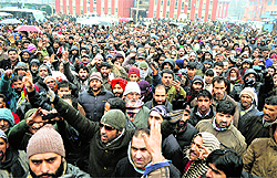 Employees of the Health Department protest against their salaries not being released for past two months. The salaries were stopped after illegal appointments were detected in the department. Though the Finance department had asked the Health Department to stop the salaries of the illegally appointed employees, but the salaries of the entire staff were stopped leading to the protest in srinagar on Saturday