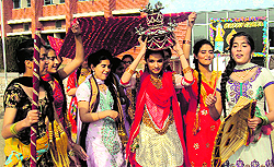Students of the GRD Academy celebrate Lohri on their campus on Saturday