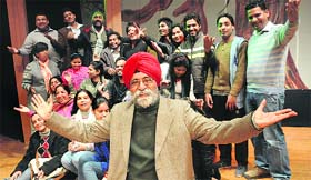 Dr Atamjit with his actors for the play Panch Nad Da Paani.