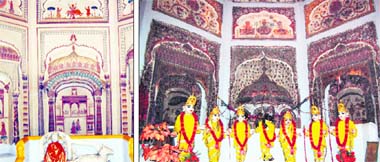 Beautiful frescoes at the Panj Temple. (Left) The lower portion of the walls in three of the four temples have been whitewashed by its caretakers