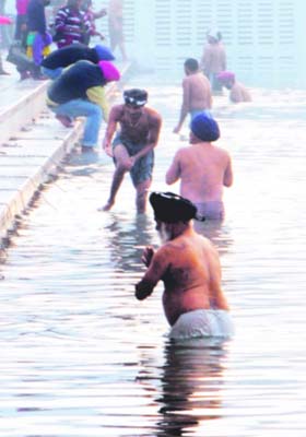 Dipped in faith: Devotees take dip at the holy sarovar at the Golden Temple on Makar Sakranti in Amritsar on Sunday