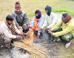 Residents try to keep the biting cold at bay by a fire in Jammu on Sunday.