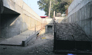 Iron bars at a pedestrian underpass near Aggar Nagar have been rusting for the past six months. 