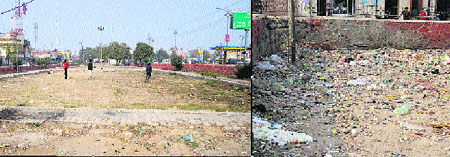 An ill-maintained green belt in Deputy Mayor PD Sharma's ward; (right) garbage lies scattered in a part of the belt in Ludhiana on Sunday. 