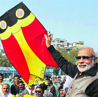 Gujarat CM Narendra Modi at the inauguration of an international kite festival in Ahmedabad on Sunday