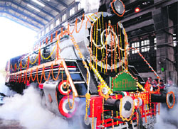 The new-look Sher-E-Punjab leaves for Rewari steam locomotive centre from the mechanical workshop in Amritsar on Monday.