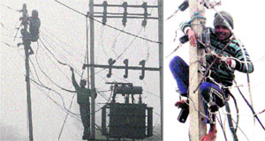Residents at Dudhrai near Ajnala try to rectify snags in the power line on their own.