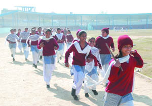 Students of Police Public School, SSD School and Rajindra College take part in the Republic Day rehearsals at the Multi-purpose Sports Stadium in Bathinda on Monday. 