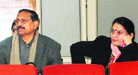 Former MC Mayor Lalit Joshi (right) and ML Sharma, chairman of the department of Gandhian Studies, attend a seminar on "Role of Media" at the ICSSR Complex in Panjab University on Monday