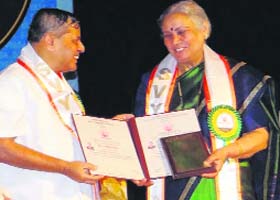 Dr Aruna Goel, emeritus professor (UGC) in the Sanskrit department at Punjab University, receives the doctorate of letters at Vivekananda Yoga University in Bengaluru