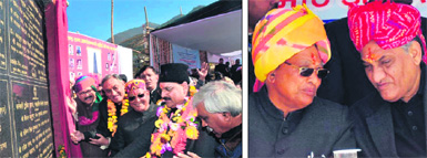 Chief Minister Vijay Bahuguna, Assembly Speaker Govind Singh Kunjwal, Pauri Garhwal MP Satpal Maharaj and Leader of the Opposition Ajay Bhatt at the foundation stone-laying ceremony of the new Assembly building at Gairsain in Chamoli district on Monday; and (right) CM Bahuguna and Speaker Kunjwal at the function.
