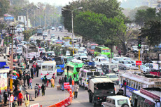 Traffic chaos at Bikram Chowk in Jammu on Monday.