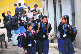 lets talk school Students head home as schools reopened after the winter break in Jammu on Monday. 