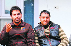 Members of JK Youth for Change address mediapersons at Rajouri on Monday. 
