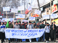 Members of the Shiite community hold placards during a protest in Budgam on Monday.