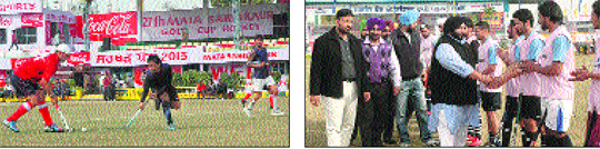 A match in progress; and (right) chief guest Harpreet Singh Shivalik, a Youth Akali Dal leader, shakes hands with players during the opening day of the annual sports festival at Jarkhar village at Ludhiana on Monday.