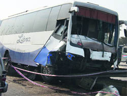 The bus that rammed into a divider on the Kurali-Ropar highway on Monday. 