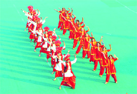 Students perform traditional dance at the closing ceremony of the 58th National School Games at Hockey Stadium, Sports Complex, Sector 42, in Chandigarh on Tuesday. 