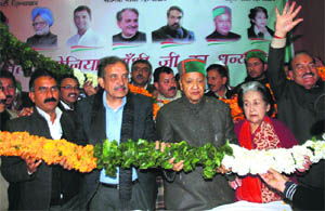 From left: Sukhvinder Singh, Birender Singh Chaudhary, Virbhadra Singh, Vidya Stokes and Kaul Singh Thakur at the Congress office in Shimla on Tuesday. 