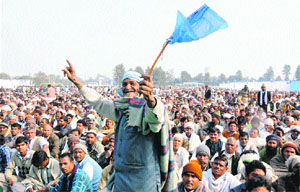 Workers of the Bahujan Samaj Party during the state-level celebrations of party supremo Mayawatis 57th birthday in Karnal on Tuesday.