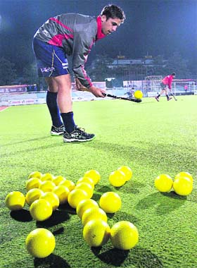 Warming up: Players of Ranchi Rhinos during a practice session, ahead of their match during the Hockey India League to be held at Surjit Hockey Stadium in Jalandhar, on Tuesday