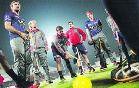 Players of Ranchi Rhinos during a practice session ahead of their match with rivals during the Hockey India League to be held at Surjeet Hockey Stadium in Jalandhar on Tuesday