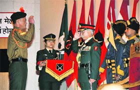Lt Gen KT Parnaik, GOC-in-C, Northern Command, presents the gallantry and distinguished service award to a soldier in Akhnoor on Tuesday