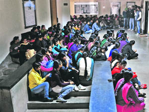 Students hold a protest at the PAU in Ludhiana.
