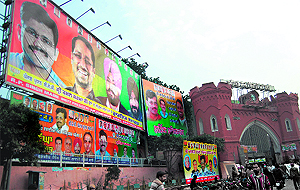BJP leaders put up hoardings at Hall Gate to welcome party state chief Kamal Sharma in Amritsar on Wednesday