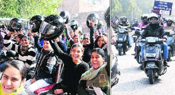 Girls take out a rally to mark the road safety week in Chandigarh on Wednesday. 