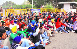 Students of the PAU stage a dharna in front of a gate of the university in Ludhiana on Wednesday. tribune photo: himanshu mahajan