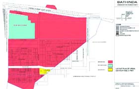 The map of the Bathinda Development Authority (BDSA), phase 3, part I, which shows that 95 per cent of area around the hospital site (marked yellow) is encroached upon (marked red). courtesy BDA website