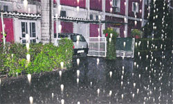 Hailstones seen falling through the windowpane of a car in the wee hours of Thursday in Chandigarh. Tribune photo: Manoj Mahajan