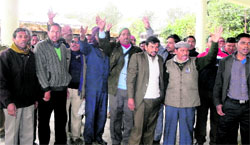 Drivers of the state government, who went on a strike, hold a protest in support of their demands at Parade Ground in Dehradun on Thursday. Tribune photo: Vinod Pundir 