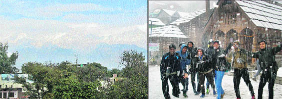 The snow-clad Dhauladhar ranges on Thursday; (right) Tourists enjoy snowfall near Manali on Thursday. 